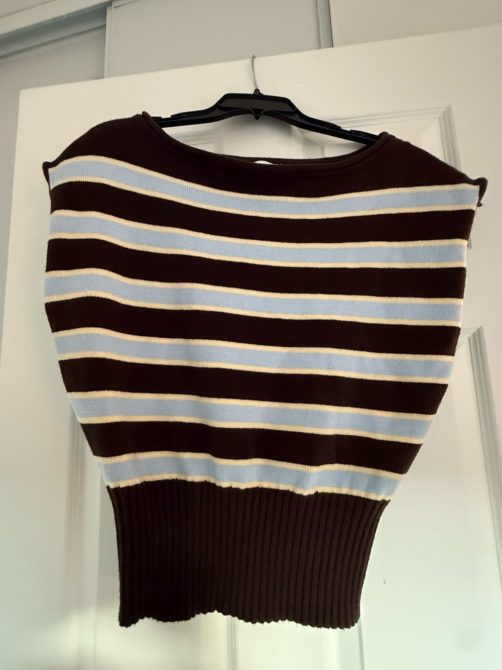 Le Lis Off-the-Shoulder Striped Sweater in Brown, Light Blue, Cream